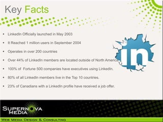 Key Facts

 LinkedIn Officially launched in May 2003

 It Reached 1 million users in September 2004

 Operates in over ...