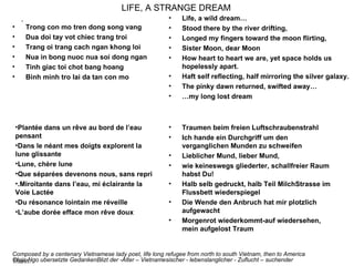 LIFE, A STRANGE DREAM
     .                                                   •    Life, a wild dream…
•        Trong con mo tren dong song vang                •    Stood there by the river drifting,
•        Dua doi tay vot chiec trang troi                •    Longed my fingers toward the moon flirting,
•        Trang oi trang cach ngan khong loi              •    Sister Moon, dear Moon
•        Nua in bong nuoc nua soi dong ngan              •    How heart to heart we are, yet space holds us
•        Tinh giac toi chot bang hoang                        hopelessly apart.
•        Binh minh tro lai da tan con mo                 •    Haft self reflecting, half mirroring the silver galaxy.
                                                         •    The pinky dawn returned, swifted away…
                                                         •    …my long lost dream



    •Plantée dans un rêve au bord de l’eau               •    Traumen beim freien Luftschraubenstrahl
    pensant                                              •    Ich hande ein Durchgriff um den
    •Dans le néant mes doigts explorent la                    verganglichen Munden zu schweifen
    lune glissante                                       •    Lieblicher Mund, lieber Mund,
    •Lune, chère lune                                    •    wie keineswegs gliederter, schallfreier Raum
    •Que séparées devenons nous, sans repri                   habst Du!
    •.Miroitante dans l’eau, mi éclairante la            •    Halb selb gedruckt, halb Teil MilchStrasse im
    Voie Lactée                                               Flussbett wiederspiegel
    •Du résonance lointain me réveille                   •    Die Wende den Anbruch hat mir plotzlich
    •L’aube dorée efface mon rêve doux                        aufgewacht
                                                         •    Morgenrot wiederkommt-auf wiedersehen,
                                                              mein aufgelost Traum


Composed by a centenary Vietnamese lady poet, life long refugee from north to south Vietnam, then to America
Chris Ngo ubersetzte GedankenBlizt der -Alter – Vietnamesischer - lebenslanglicher - Zuflucht – suchender
Thanh.
 