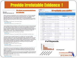 Provide Irrefutable Evidence !
   30 client recommendations              50 verifiable case studies
   on Linkedin




                                    # of Keywords
                               50
                               40
                               30
                               20
                               10
                                0                # of Keywords
 