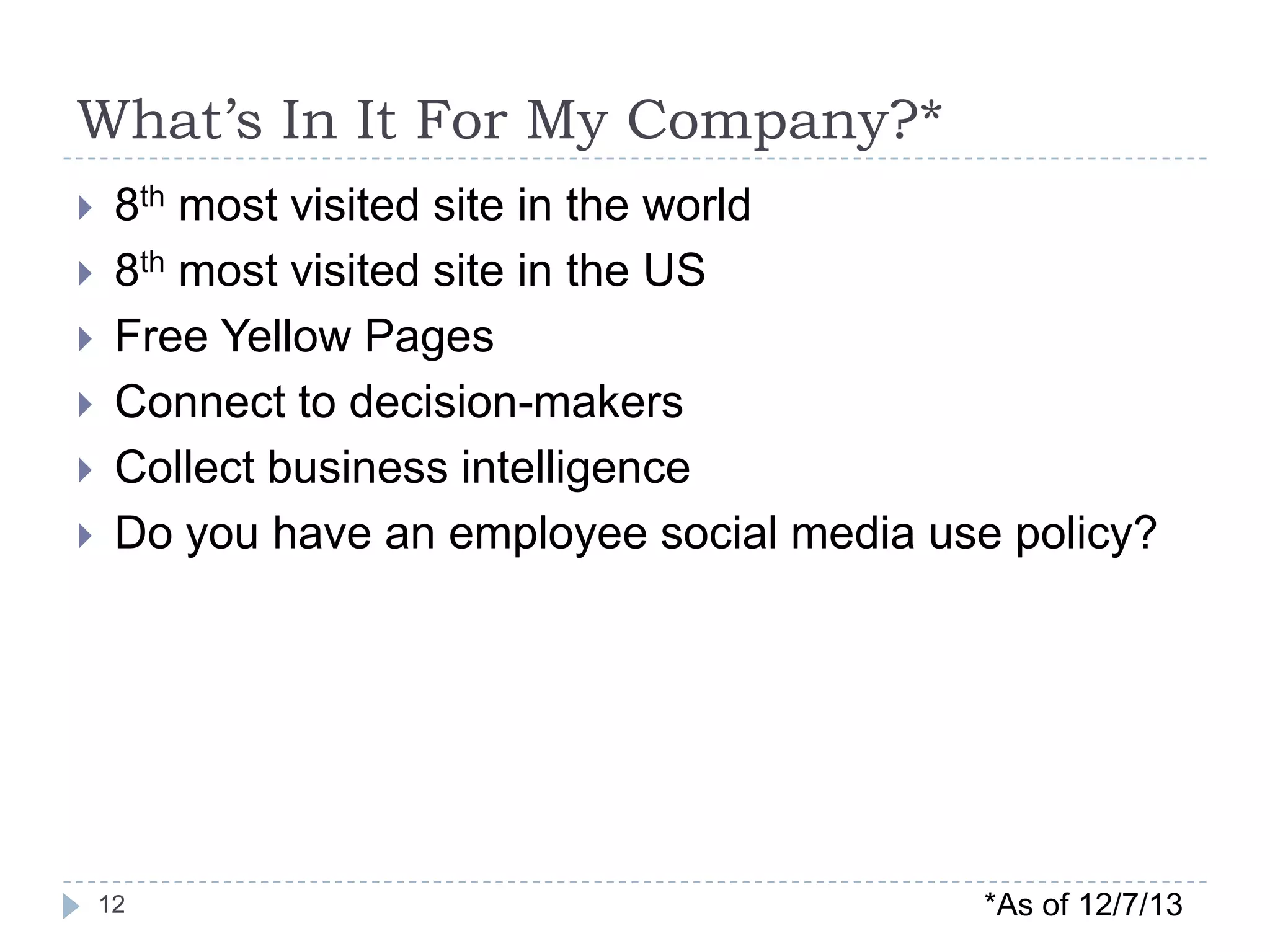 What’s In It For My Company?*








8th most visited site in the world
8th most visited site in the US
Free Yellow Pages
Connect to decision-makers
Collect business intelligence
Do you have an employee social media use policy?

12

*As of 12/7/13

 