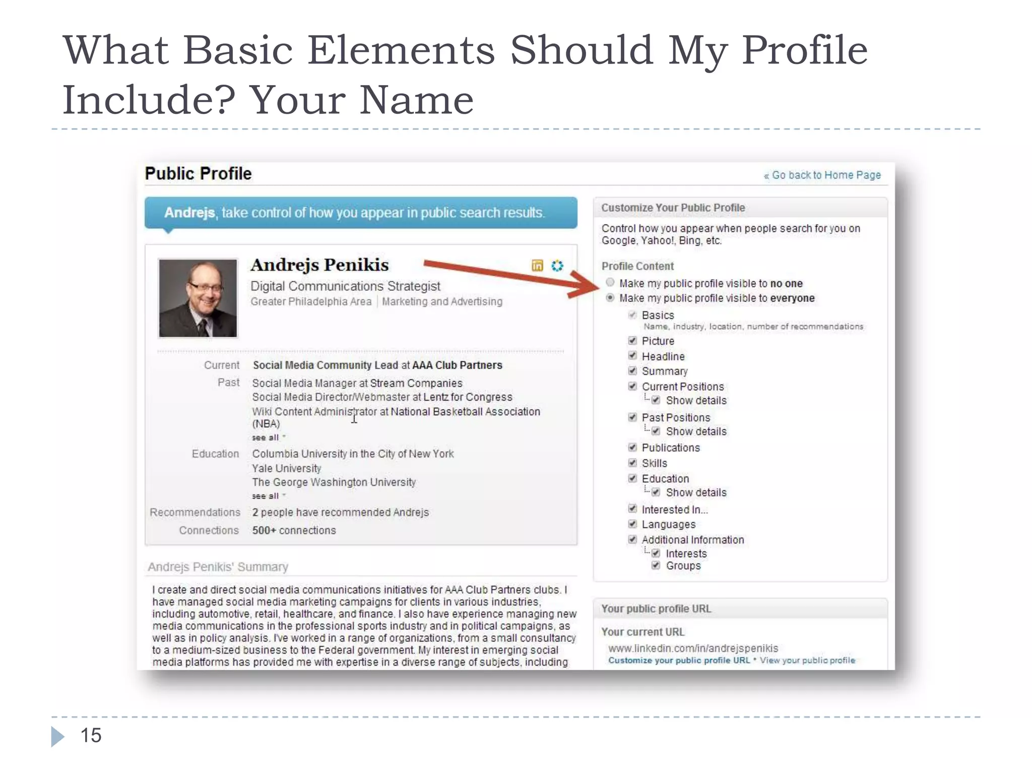 What Basic Elements Should My Profile
Include? Your Name

15

 