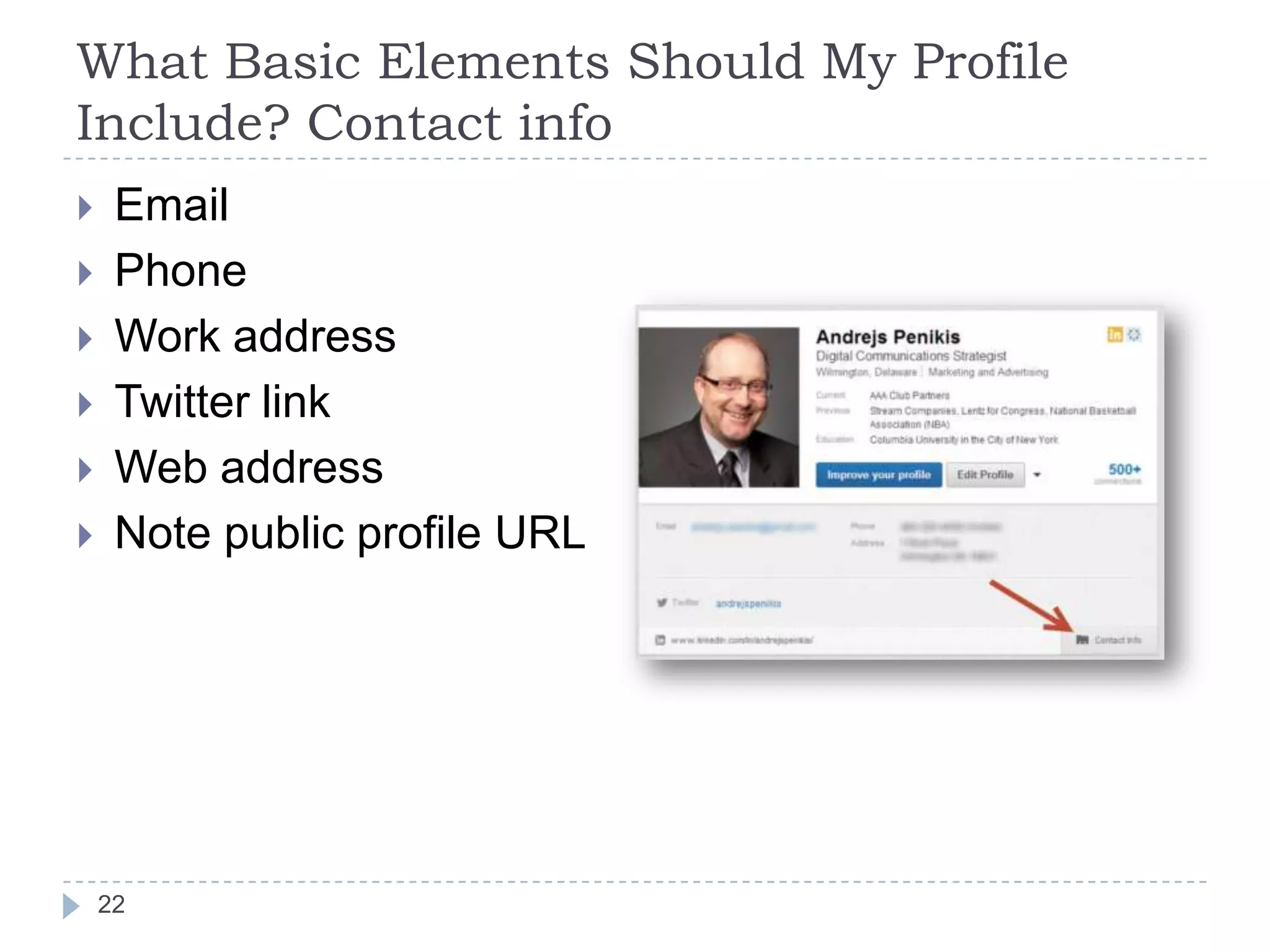 What Basic Elements Should My Profile
Include? Contact info








Email
Phone
Work address
Twitter link
Web address
Note public profile URL

22

 
