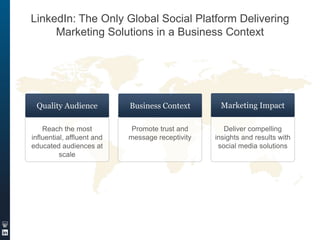 LinkedIn: The Only Global Social Platform Delivering
Marketing Solutions in a Business Context

Quality Audience

Business Context

Marketing Impact

Reach the most
influential, affluent and
educated audiences at
scale

Promote trust and
message receptivity

Deliver compelling
insights and results with
social media solutions

 