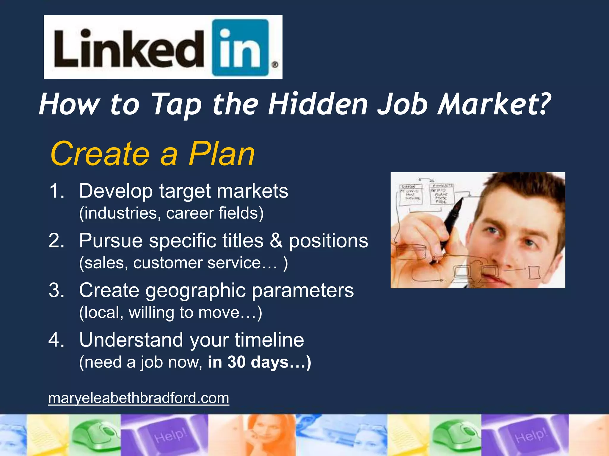 How to Tap the Hidden Job Market?
Create a Plan
1. Develop target markets
(industries, career fields)
2. Pursue specific titles & positions
(sales, customer service… )
3. Create geographic parameters
(local, willing to move…)
4. Understand your timeline
(need a job now, in 30 days…)
maryeleabethbradford.com
 