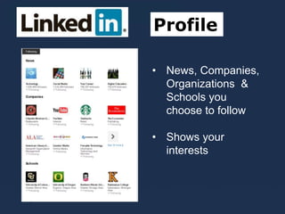 ProProfile
• News, Companies,
Organizations &
Schools you
choose to follow
• Shows your
interests
 