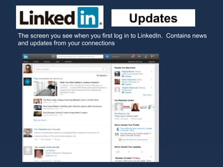 Updates
The screen you see when you first log in to LinkedIn. Contains news
and updates from your connections
 