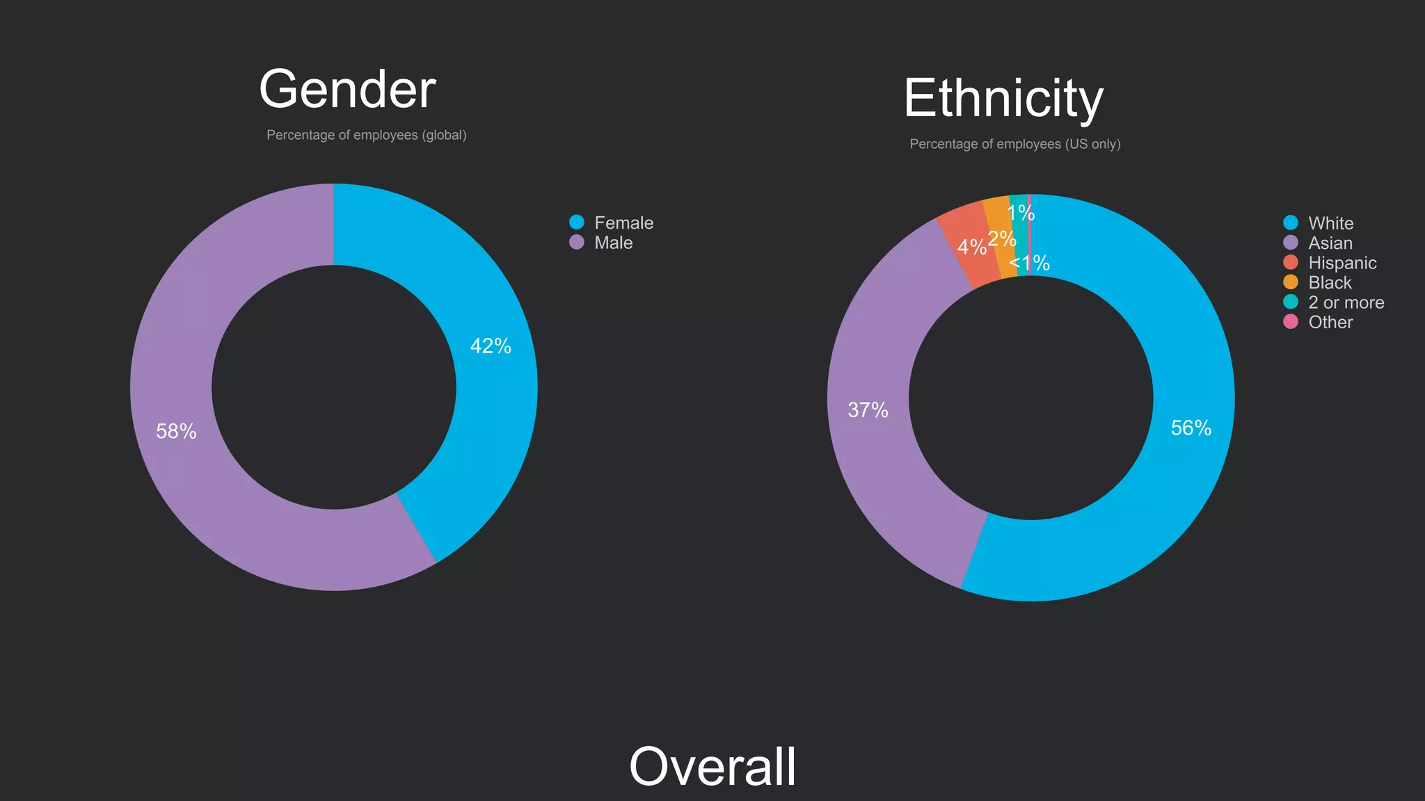Gender
42%
58%
Female
Male
Percentage of employees (global)
56%
37%
4%2%
1%
<1%
Ethnicity
Percentage of employees (US only)
White
Asian
Hispanic
Black
2 or more
Other
Overall