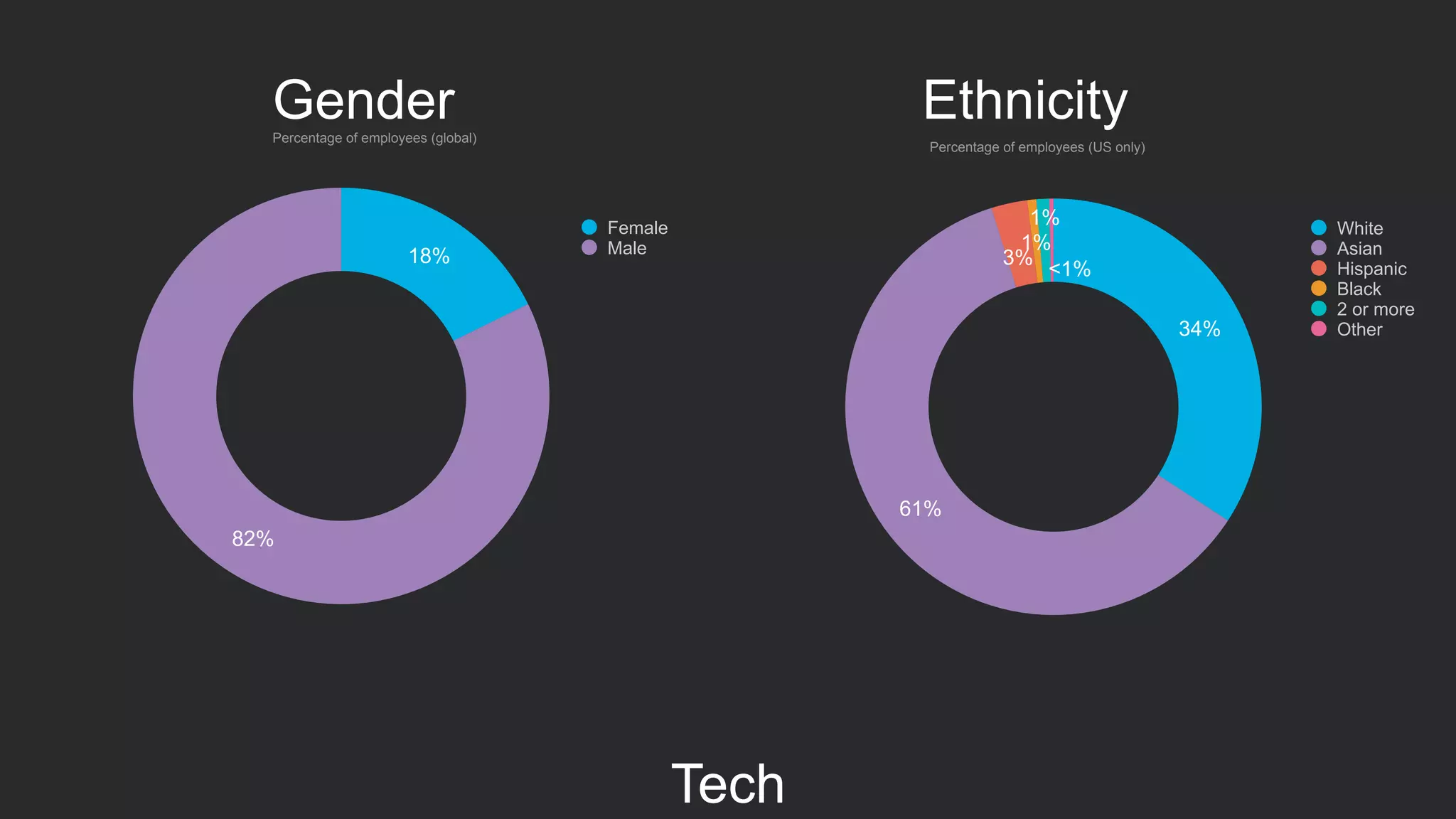 Tech
18%
82%
Female
Male
Percentage of employees (global)
34%
61%
3%
1%
1%
<1%
Ethnicity
Percentage of employees (US only)
White
Asian
Hispanic
Black
2 or more
Other
Gender