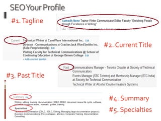SEOYour Profile
 #1. Tagline


                   #2. Current Title



#3. Past Title


                    #4. Summary
                    #5. Specialties
 