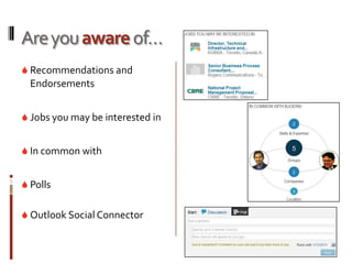 Are you aware of…
 Recommendations and
  Endorsements


 Jobs you may be interested in


 In common with


 Polls

 Outlook Social Connector
 
