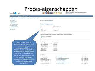 Proces-eigenschappen Naast enkele statische gegevens van het proces, vindt men ook de functie die verantwoordelijk is en de functies die een uitvoerende of informatieve rol hebben binnen het proces. Verder treft men hier de wet- en regelgeving aan die voor het proces van toepassing is, zoals bijvoorbeeld de betreffende ISO9001 paragrafen. 