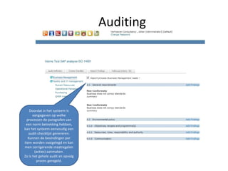 Auditing Doordat in het systeem is aangegeven op welke processen de paragrafen van een norm betrekking hebben, kan het systeem eenvoudig een audit-checklijst genereren. Kunnen de bevindingen per item worden vastgelegd en kan men corrigerende maatregelen (acties) aanmaken. Zo is het gehele audit en opvolg proces geregeld. 