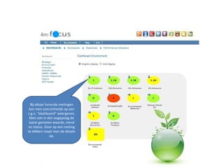 Bij elkaar horende metingen kan men overzichtelijk op een z.g.n. “dashboard” weergeven. Men ziet in één oogopslag de laatst gemeten waarde, trend en status. Door op een meting te klikken roept men de details op. 