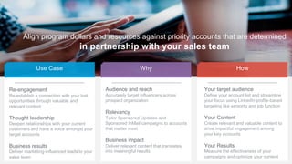 4
Align program dollars and resources against priority accounts that are determined
in partnership with your sales team
Use Case Why How
Audience and reach
Accurately target influencers across
prospect organization
Relevancy
Tailor Sponsored Updates and
Sponsored InMail campaigns to accounts
that matter most
Business impact
Deliver relevant content that translates
into meaningful results
Your target audience
Define your account list and streamline
your focus using LinkedIn profile-based
targeting like seniority and job function
Your Content
Create relevant and valuable content to
drive impactful engagement among
your key accounts
Your Results
Measure the effectiveness of your
campaigns and optimize your content
Re-engagement
Re-establish a connection with your lost
opportunities through valuable and
relevant content
Thought leadership
Deepen relationships with your current
customers and have a voice amongst your
target accounts
Business results
Deliver marketing-influenced leads to your
sales team
 