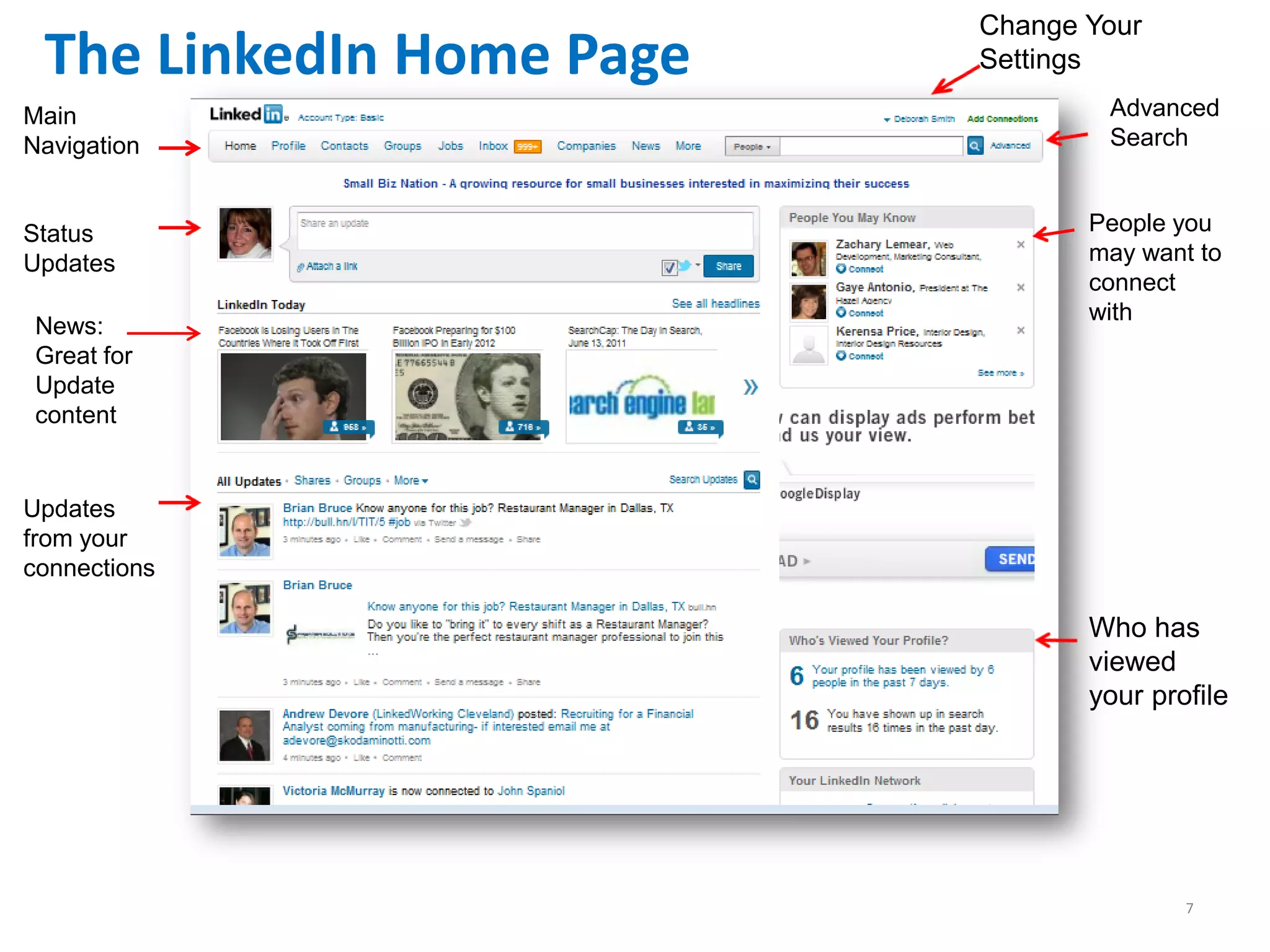 Change Your
 The LinkedIn Home Page   Settings
Main                              Advanced
Navigation                        Search


Status                           People you
Updates                          may want to
                                 connect
                                 with
 News:
 Great for
 Update
 content


Updates
from your
connections

                                 Who has
                                 viewed
                                 your profile




                                         7
 