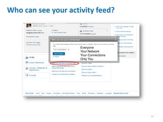 Who can see your activity feed?



                     Everyone
                     Your Network
                     Your Connections
                     Only You




                                        10
 