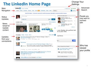Change Your
 The LinkedIn Home Page   Settings
Main                              Advanced
Navigation                        Search


Status                           People you
Updates                          may want to
                                 connect
                                 with
 News:
 Great for
 Update
 content


Updates
from your
connections

                                 Who has
                                 viewed
                                 your profile




                                         7
 