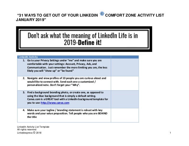 31 Ways To Get Out Of Your Linkedin Comfort Zone Activity List Jan