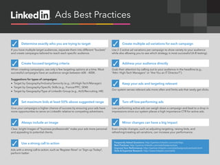 Ads Best Practices 
Give your campaigns a higher chance of success by ensuring your ads have 
more opportunities to serve on LinkedIn relative to competing advertisers. 
✓ Set maximum bids at least 50% above suggested range 
Low-performing active ads can weigh down a campaign and lead to a drop in 
impressions since our system places a high importance CTR for active ads. 
✓ Turn off low-performing ads 
Clear, bright images of “business professionals” make your ads more personal 
and appealing to potential clients. 
✓ Always include an image 
Even simple changes, such as adjusting targeting, raising bids, and 
refreshing/creating ad variations, can increase your performance. 
✓ Minor changes can have a big impact 
Ads with a strong call to action, such as ‘Register Now!’ or ‘Sign-up Today!’, 
perform better. 
✓ Use a strong call to action 
If you have multiple target audiences, separate them into different “buckets” 
and create campaigns tailored to reach each specific audience. 
✓ Determine exactly who you are trying to target 
Use 2-3 active ad variations per campaign to show variety to your audience 
while also allowing you to see which strategy is most successful (A-B testing). 
✓ Create multiple ad variations for each campaign 
When creating campaigns, use only a few targeting options at a time. Most 
successful campaigns have an audience range between 60K - 400K. 
Suggestions for types of campaigns: 
• Target by Geography/Industry/Seniority (e.g., UK/High-Tech/Manager) 
• Target by Geography/Specific Skills (e.g., France/PPC, SEM) 
• Target by Geography/Type of LinkedIn Group (e.g., AUS/Recruiting, HR) 
✓ Create focused targeting criteria 
Grab their attention by calling out to your audience in the headline (e.g., 
“Attn: High-Tech Managers” or “Are You an IT Director?”). 
✓ Address your audience directly 
Frequently Asked Questions: http://partner.linkedin.com/ads/faqs 
Best Practices: http://partner.linkedin.com/ads/bestpractices 
Improve Your Performance: http://partner.linkedin.com/ads/bestpractices/track.html 
Skills & Expertise Research: http://www.linkedin.com/skills 
Our system serves relevant ads more often and limits ads that rarely get clicks. 
✓ Keep your ads and targeting relevant 
