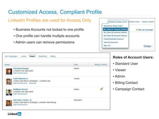 Customized Access, Compliant Profile
LinkedIn Profiles are used for Access Only

  • Business Accounts not locked to one profile
  • One profile can handle multiple accounts
  • Admin users can remove permissions



                                                  Roles of Account Users:
                                                  • Standard User
                                                  • Viewer
                                                  • Admin
                                                  • Billing Contact
                                                  • Campaign Contact
 