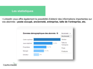 Les statistiques 
• LinkedIn vous offre également la possibilité d’obtenir des informations importantes sur 
vos abonnés : poste occupé, ancienneté, entreprise, talle de l’entreprise, etc. 
 
