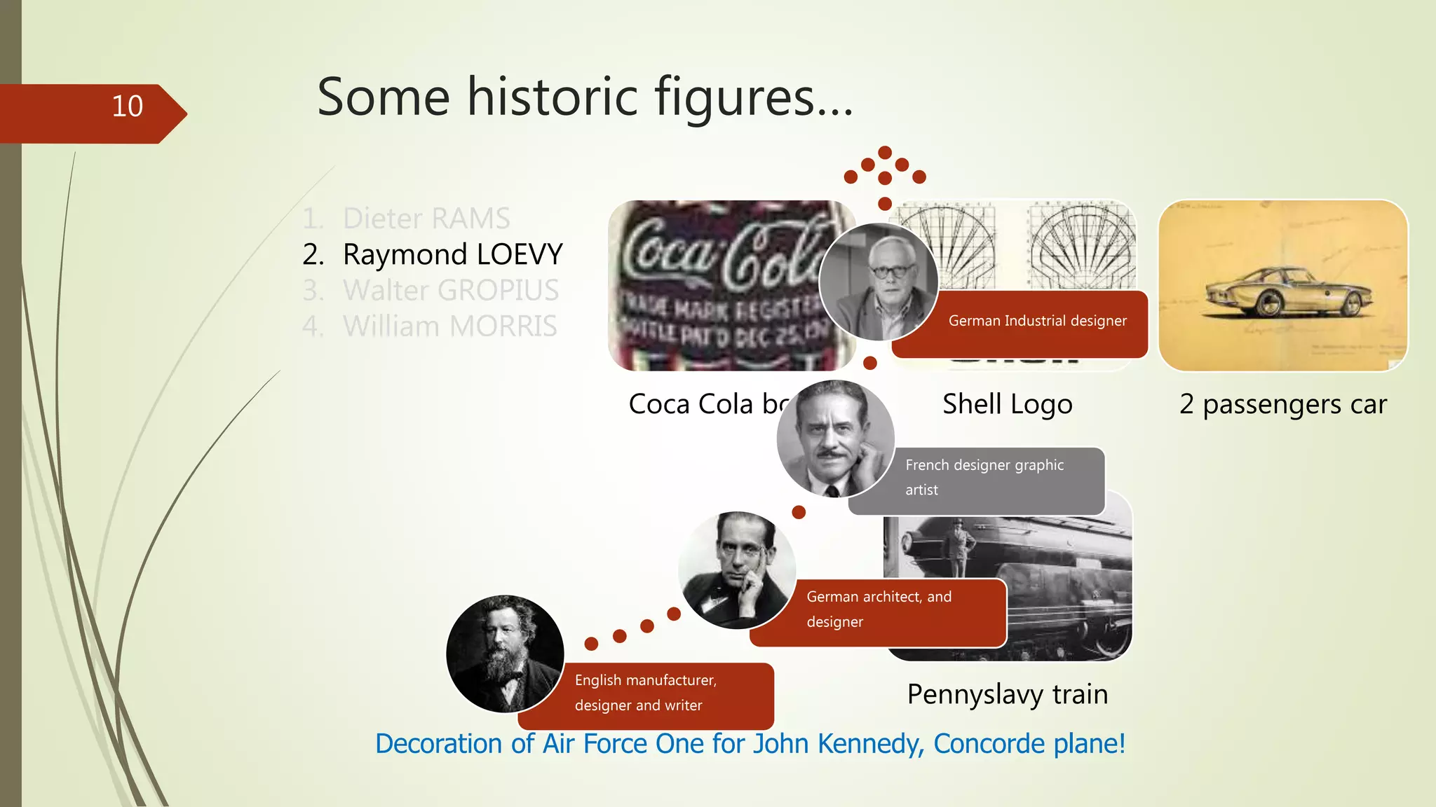 Some historic figures…
Decoration of Air Force One for John Kennedy, Concorde plane!
1. Dieter RAMS
2. Raymond LOEVY
3. Walter GROPIUS
4. William MORRIS
Coca Cola bottle Shell Logo 2 passengers car
Pennyslavy train
10
English manufacturer,
designer and writer
German architect, and
designer
French designer graphic
artist
German Industrial designer
 