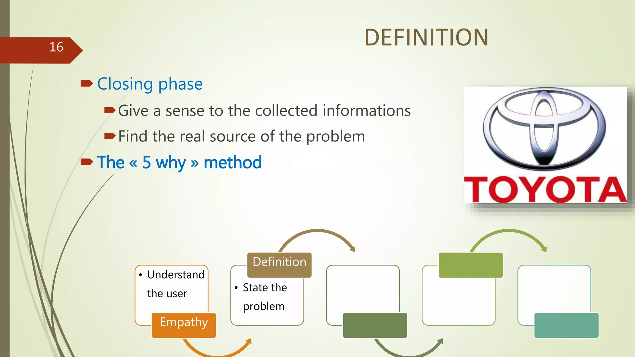 • Understand
the user
Empathy
• State the
problem
Definition
DEFINITION
Closing phase
Give a sense to the collected informations
Find the real source of the problem
The « 5 why » method
16
 