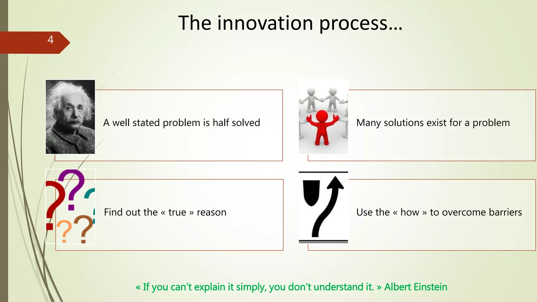 A well stated problem is half solved Many solutions exist for a problem
Find out the « true » reason Use the « how » to overcome barriers
The innovation process…
« If you can’t explain it simply, you don’t understand it. » Albert Einstein
4
 