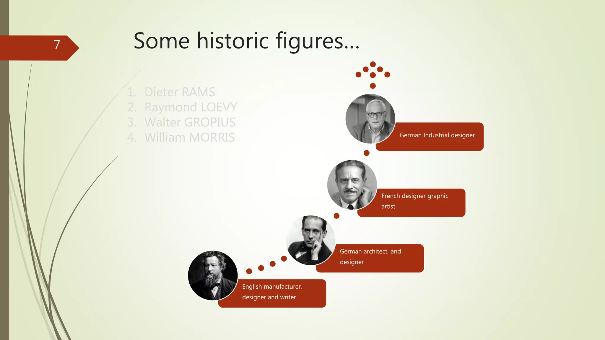 Some historic figures…
1. Dieter RAMS
2. Raymond LOEVY
3. Walter GROPIUS
4. William MORRIS
7
English manufacturer,
designer and writer
German architect, and
designer
French designer graphic
artist
German Industrial designer
 