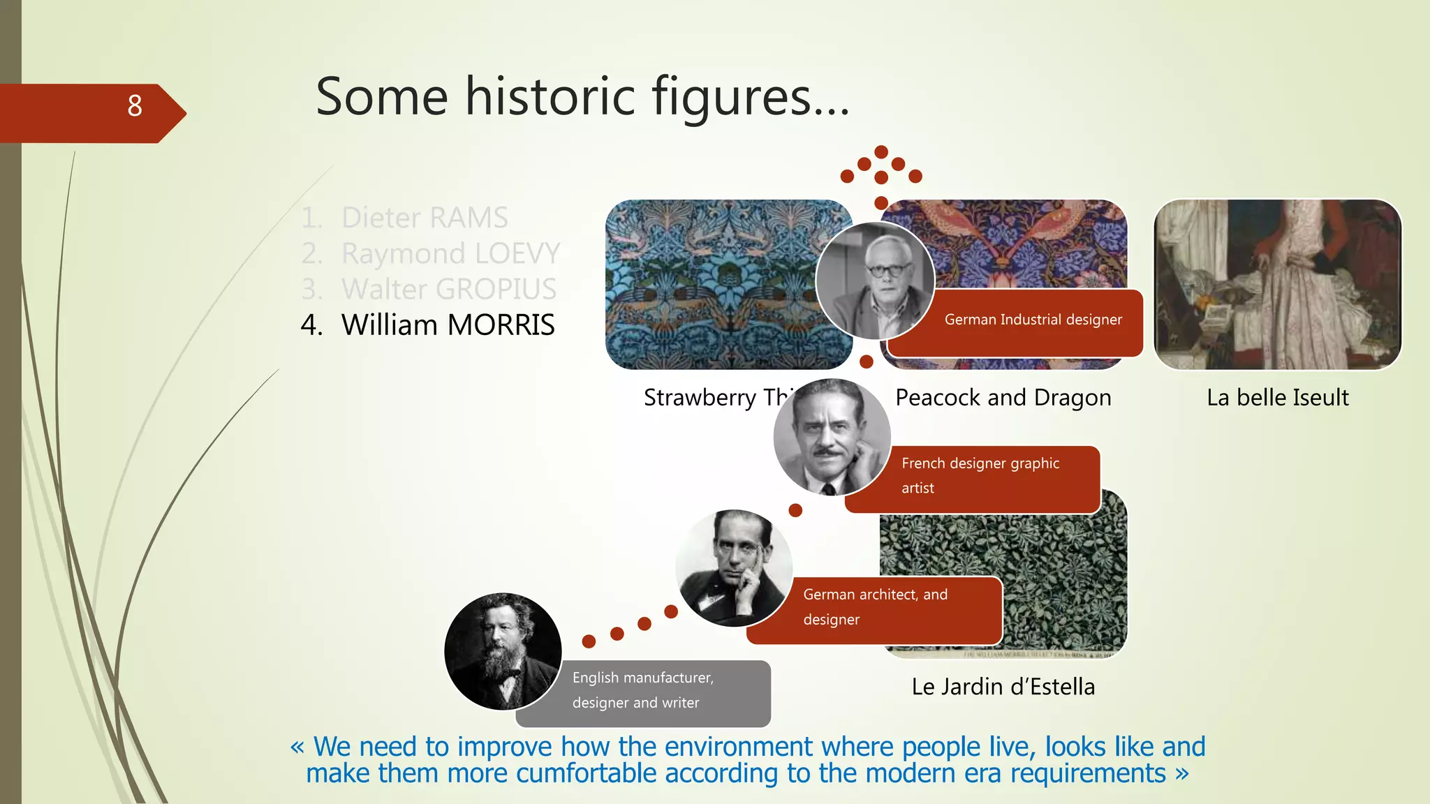 Some historic figures…
1. Dieter RAMS
2. Raymond LOEVY
3. Walter GROPIUS
4. William MORRIS
« We need to improve how the environment where people live, looks like and
make them more cumfortable according to the modern era requirements »
Strawberry Thief Peacock and Dragon La belle Iseult
Le Jardin d’Estella
8
English manufacturer,
designer and writer
German architect, and
designer
French designer graphic
artist
German Industrial designer
 