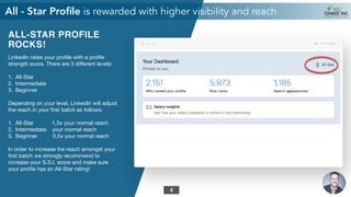 ALL-STAR PROFILE
ROCKS!
LinkedIn rates your proﬁle with a proﬁle
strength score. There are 3 diﬀerent levels:

1. All-Star...