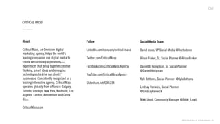 CRITICAL MASS
About
Critical Mass, an Omnicom digital
marketing agency, helps the world's
leading companies use digital media to
create extraordinary experiences—
experiences that bring together creative
thinking, smart ideas and emerging
technologies to drive our clients’
businesses. Consistently recognized as a
leading interactive agency, Critical Mass
operates globally from ofﬁces in Calgary,
Toronto, Chicago, New York, Nashville, Los
Angeles, London, Amsterdam and Costa
Rica.
CriticalMass.com
Follow
LinkedIn.com/company/critical-mass
Twitter.com/CriticalMass
Facebook.com/CriticalMass.Agency
YouTube.com/CriticalMassAgency
Slideshare.net/CM1234
Social Media Team
David Jones, VP Social Media @DoctorJones
Alison Fraker, Sr. Social Planner @AlisonFraker
Daniel B. Honigman, Sr. Social Planner
@DanielHonigman
Kyle Bottoms, Social Planner @KyleBottoms
Lindsay Renwick, Social Planner
@LindsayRenwick
Nikki Lloyd, Community Manager @Nikki_Lloyd
©2013 Critical Mass, Inc. All Rights Reserved | 40
 