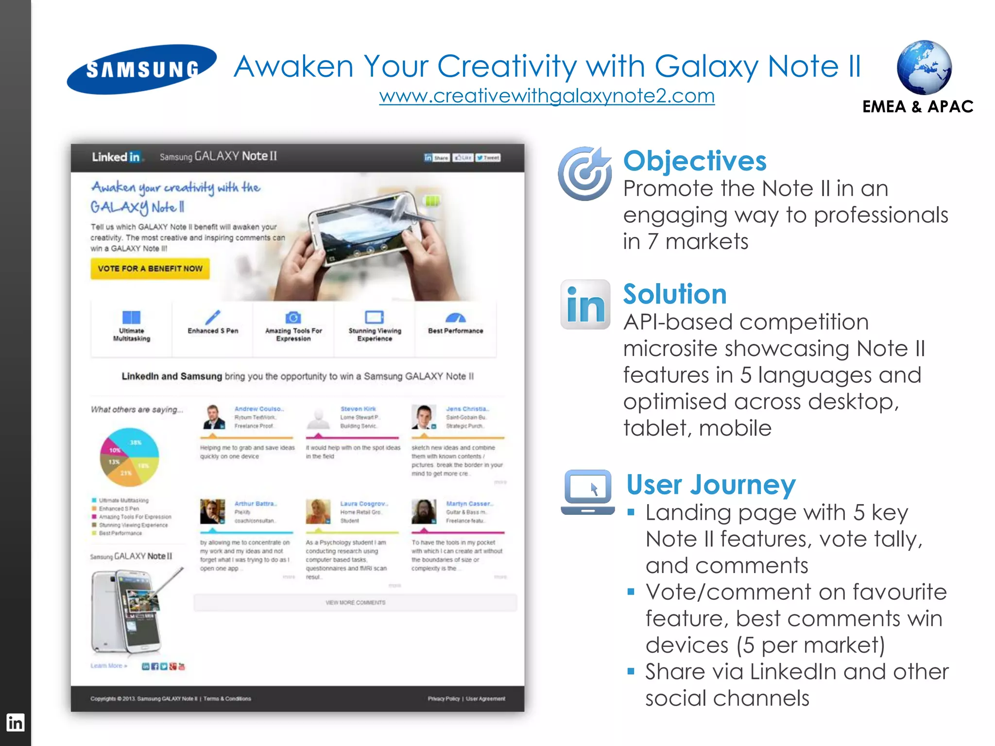 Awaken Your Creativity with Galaxy Note II
         www.creativewithgalaxynote2.com
                                                     EMEA & APAC


                               Objectives
                               Promote the Note II in an
                               engaging way to professionals
                               in 7 markets

                               Solution
                               API-based competition
                               microsite showcasing Note II
                               features in 5 languages and
                               optimised across desktop,
                               tablet, mobile

                               User Journey
                                Landing page with 5 key
                                 Note II features, vote tally,
                                 and comments
                                Vote/comment on favourite
                                 feature, best comments win
                                 devices (5 per market)
                                Share via LinkedIn and other
                                 social channels
 