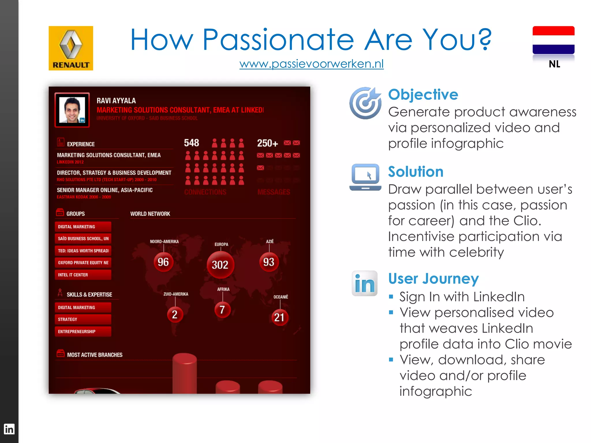 How Passionate Are You?
      www.passievoorwerken.nl                             NL


                                Objective
                                Generate product awareness
                                via personalized video and
                                profile infographic

                                Solution
                                Draw parallel between user’s
                                passion (in this case, passion
                                for career) and the Clio.
                                Incentivise participation via
                                time with celebrity

                                User Journey
                                 Sign In with LinkedIn
                                 View personalised video
                                  that weaves LinkedIn
                                  profile data into Clio movie
                                 View, download, share
                                  video and/or profile
                                  infographic
 
