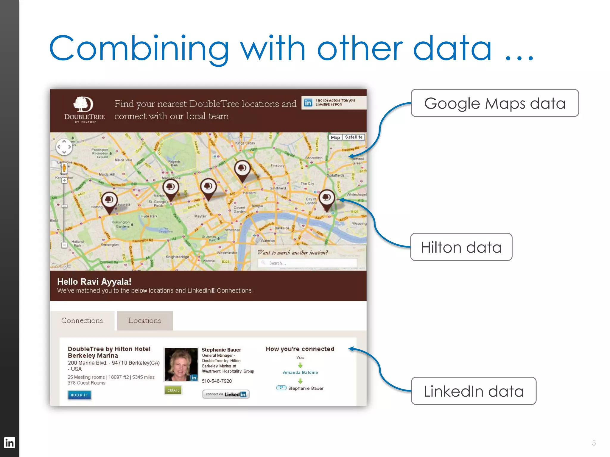 Combining with other data …
                    Google Maps data




                    Hilton data




                    LinkedIn data


                                       5
 