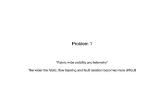 “Fabric wide visibility and telemetry”
The wider the fabric, flow tracking and fault isolation becomes more difficult
Problem 1
 