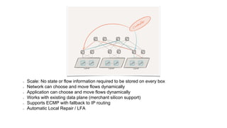 Scale: No state or flow information required to be stored on every box
Network can choose and move flows dynamically
Application can choose and move flows dynamically
Works with existing data plane (merchant silicon support)
Supports ECMP with fallback to IP routing
Automatic Local Repair / LFA
 