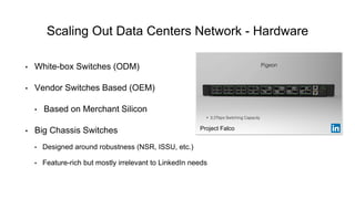 Scaling Out Data Centers Network - Hardware
• White-box Switches (ODM)
• Vendor Switches Based (OEM)
• Based on Merchant Silicon
• Big Chassis Switches
• Designed around robustness (NSR, ISSU, etc.)
• Feature-rich but mostly irrelevant to LinkedIn needs
Project Falco
 