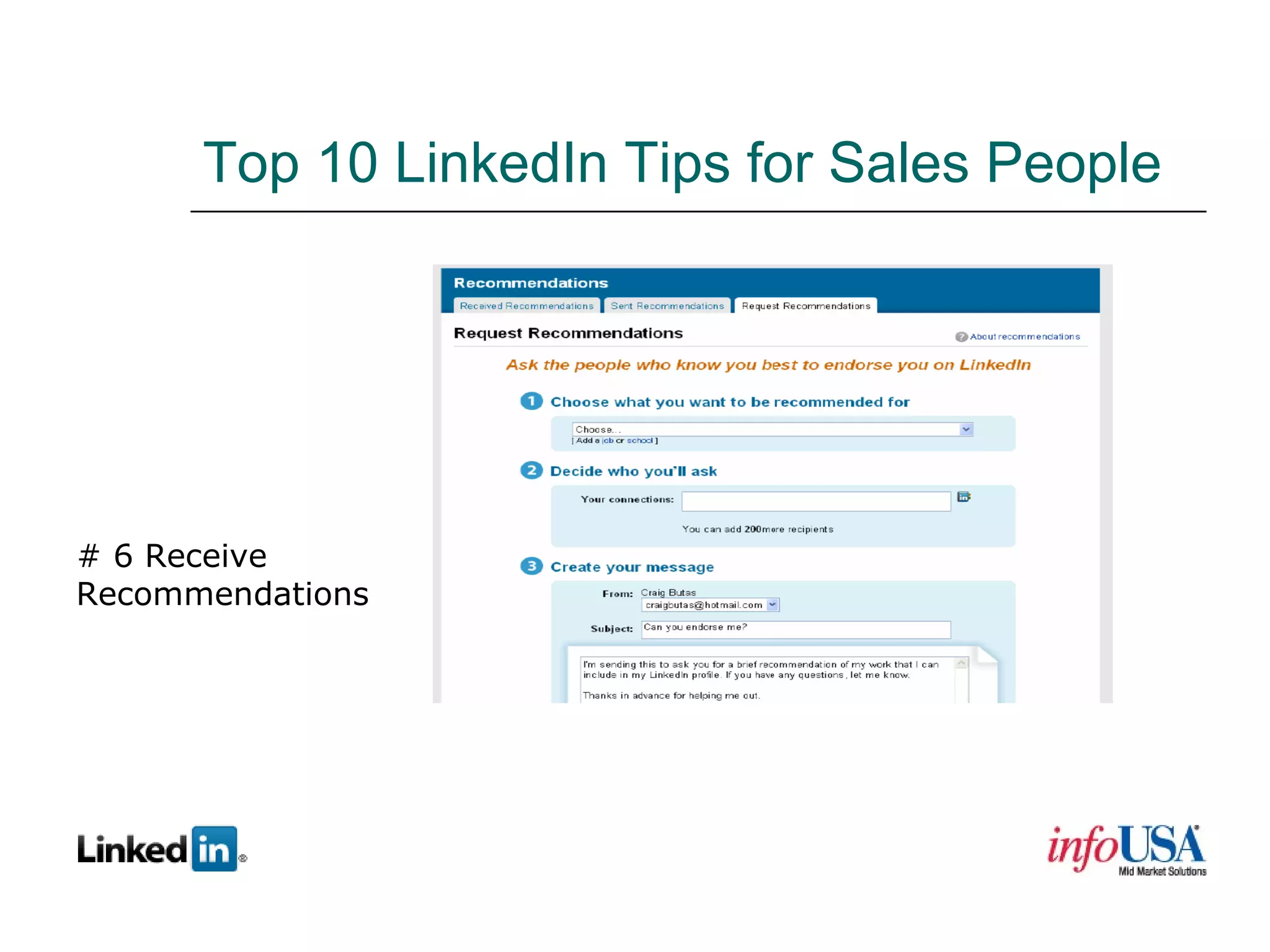 Top 10 LinkedIn Tips for Sales People # 6 Receive  Recommendations 