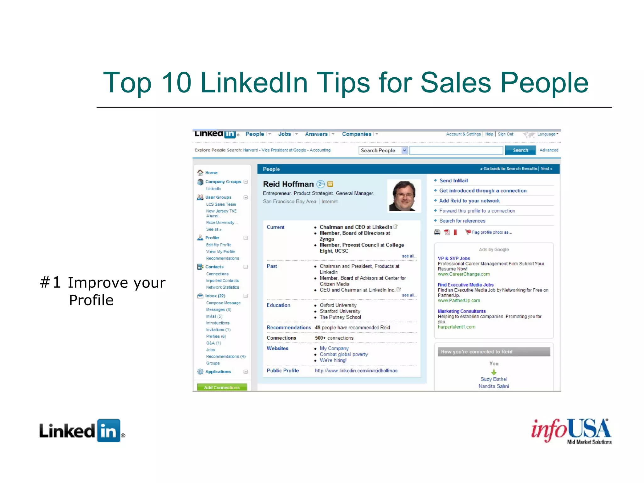 Top 10 LinkedIn Tips for Sales People #1  Improve your Profile 