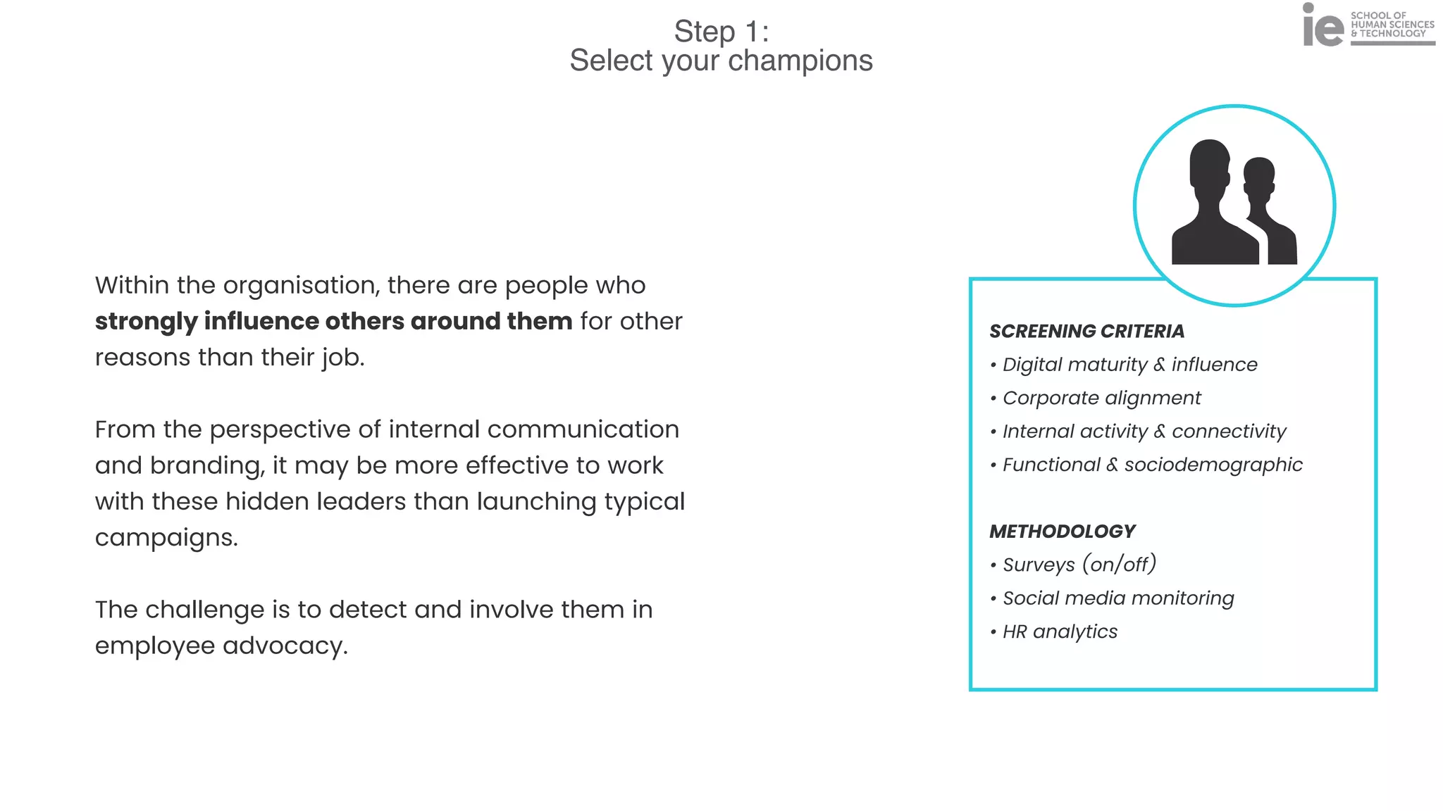 Step 1:
Select your champions
SCREENING CRITERIA


• Digital maturity & influence


• Corporate alignment


• Internal activity & connectivity


• Functional & sociodemographic


METHODOLOGY


• Surveys (on/off)


• Social media monitoring


• HR analytics
Within the organisation, there are people who
strongly influence others around them for other
reasons than their job.


From the perspective of internal communication
and branding, it may be more effective to work
with these hidden leaders than launching typical
campaigns.


The challenge is to detect and involve them in
employee advocacy.
 