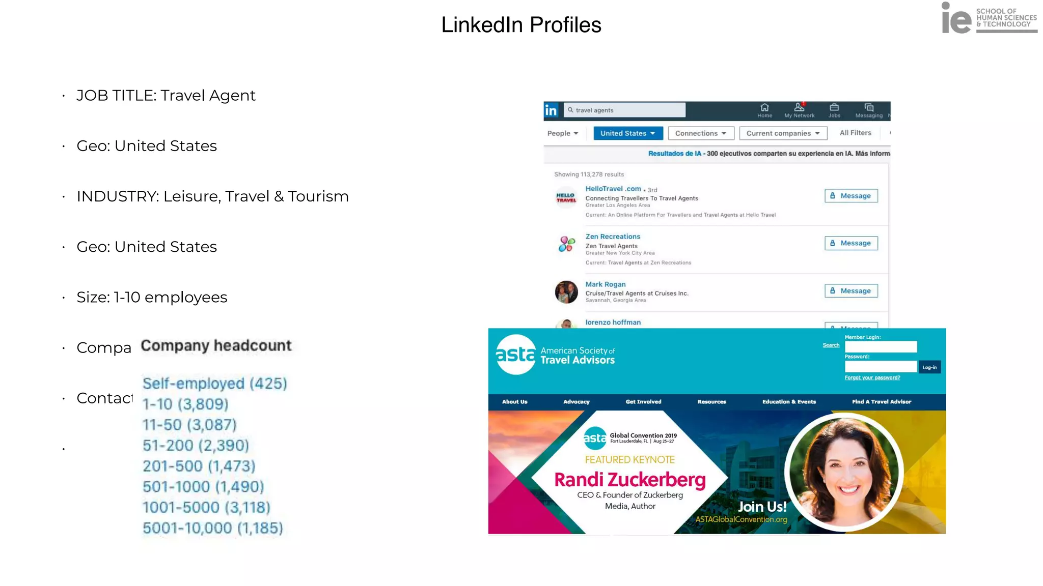 LinkedIn Pro
fi
les
• JOB TITLE: Travel Agent


• Geo: United States


• INDUSTRY: Leisure, Travel & Tourism


• Geo: United States


• Size: 1-10 employees


• Companies: 14,525


• Contacts: 27,547


•
 