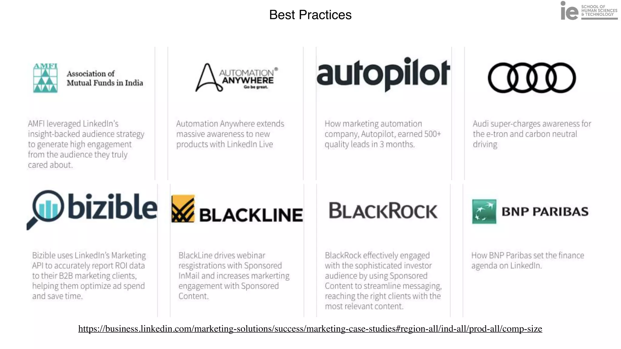 Best Practices
https://business.linkedin.com/marketing-solutions/success/marketing-case-studies#region-all/ind-all/prod-all/comp-size
 