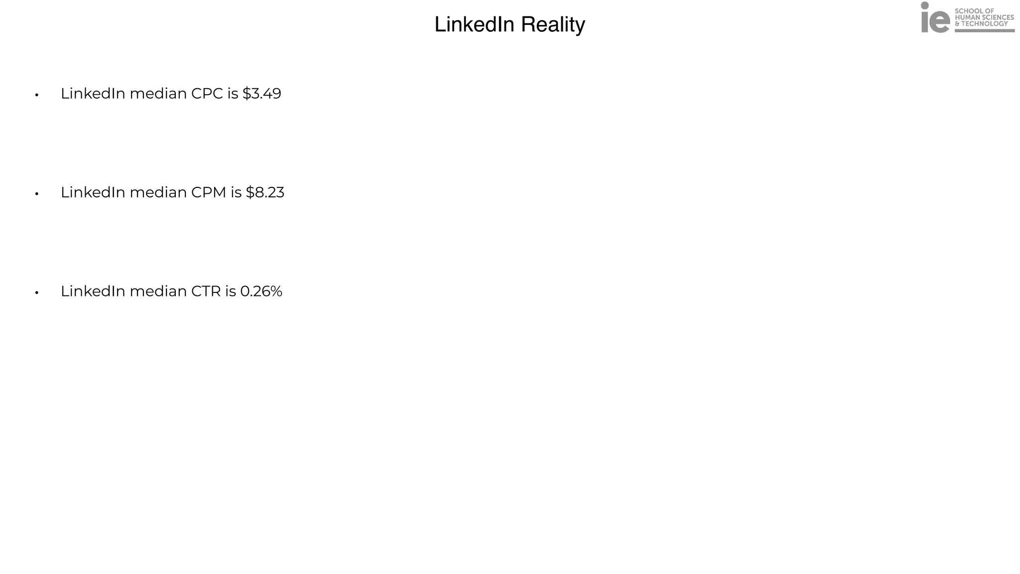 LinkedIn Reality
• LinkedIn median CPC is $3.49


• LinkedIn median CPM is $8.23


• LinkedIn median CTR is 0.26%
 