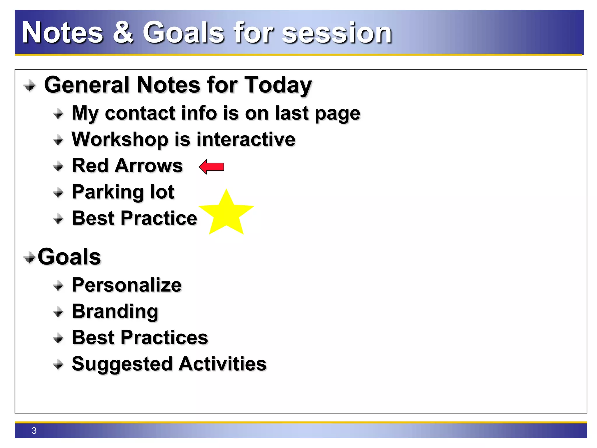 3
Notes & Goals for session
General Notes for Today
My contact info is on last page
Workshop is interactive
Red Arrows
Parking lot
Best Practice
Goals
Personalize
Branding
Best Practices
Suggested Activities
 