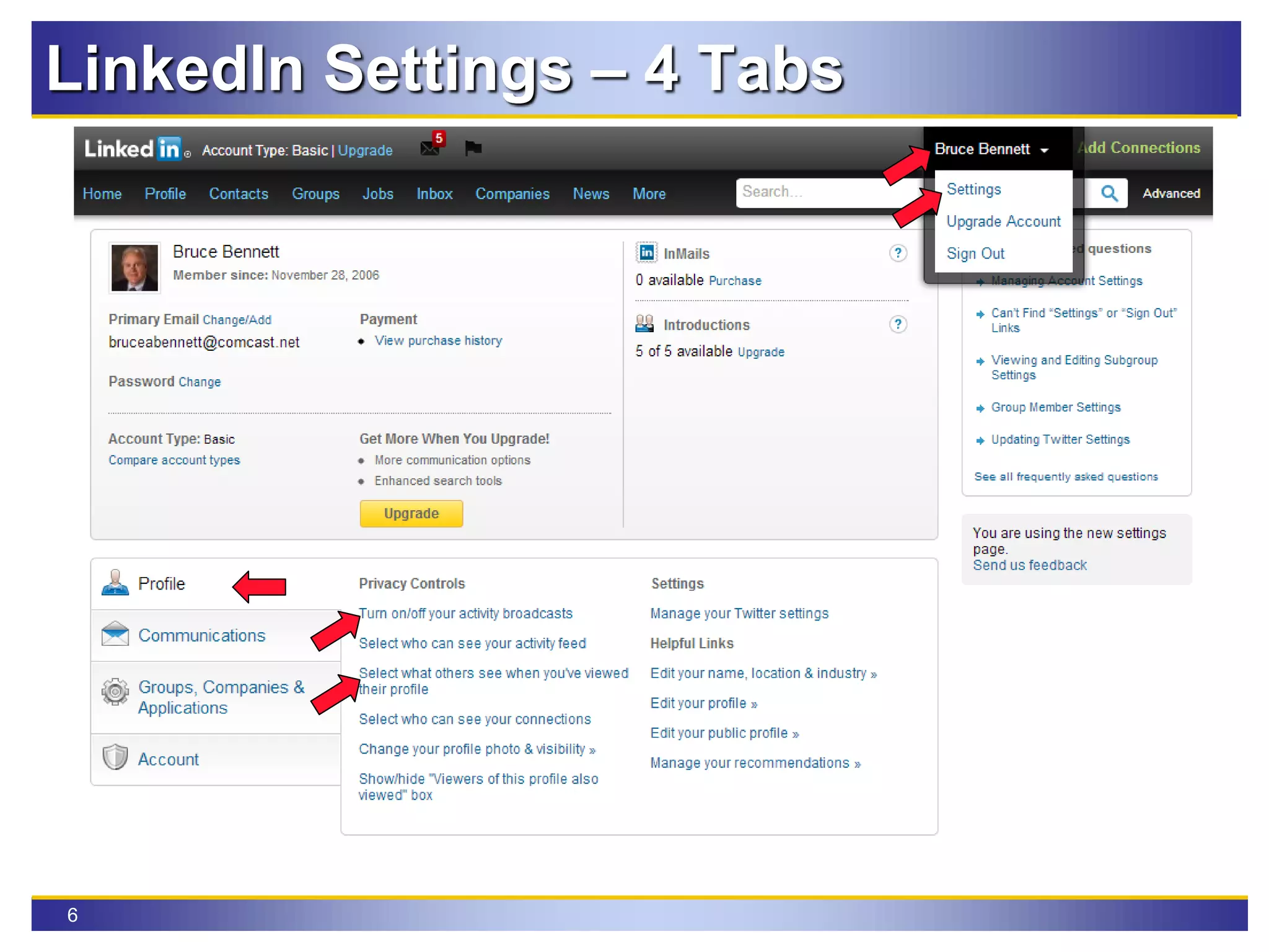 6
LinkedIn Settings – 4 Tabs
 
