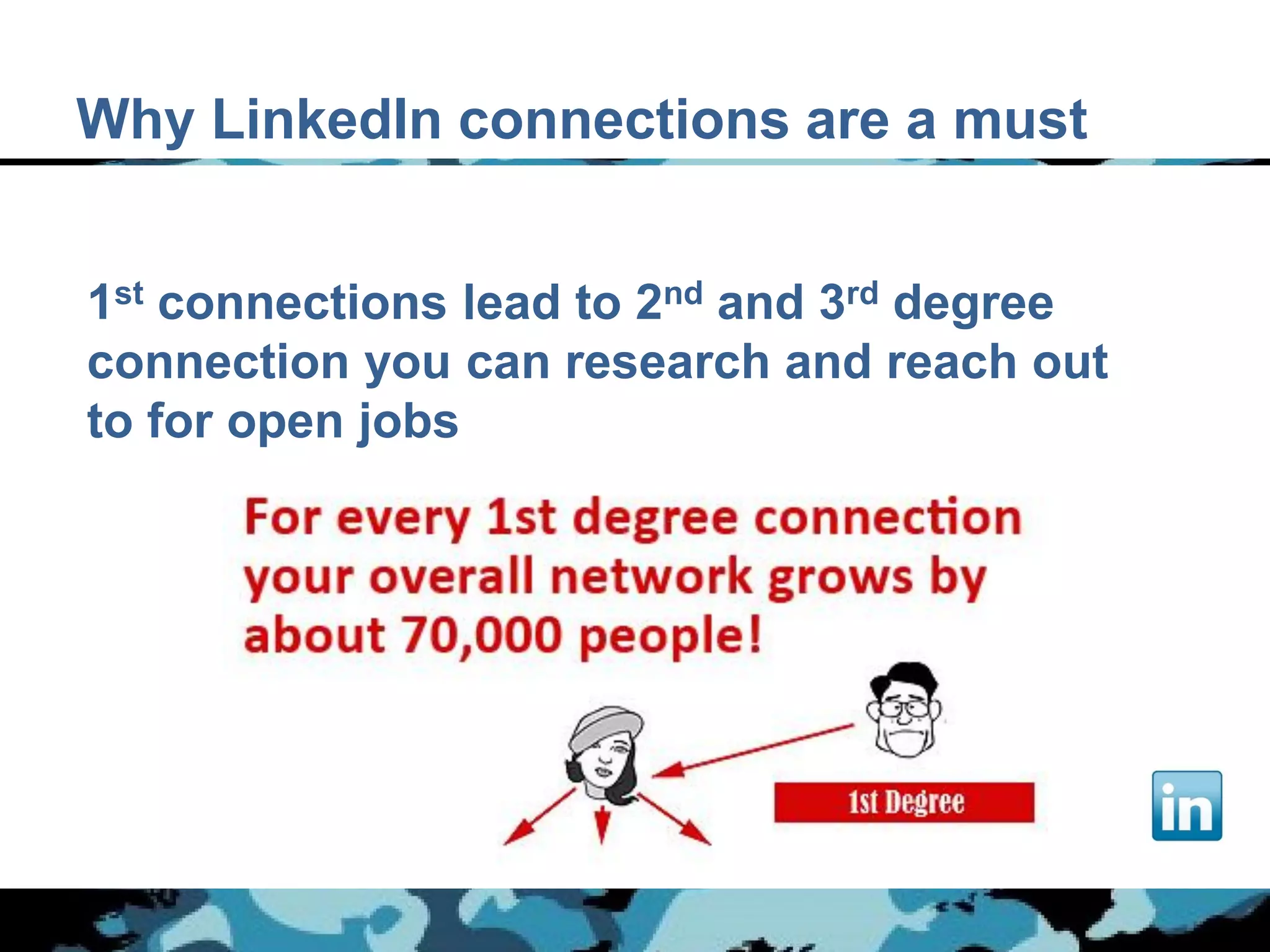 Why LinkedIn connections are a must


1st connections lead to 2nd and 3rd degree
connection you can research and reach out
to for open jobs
 