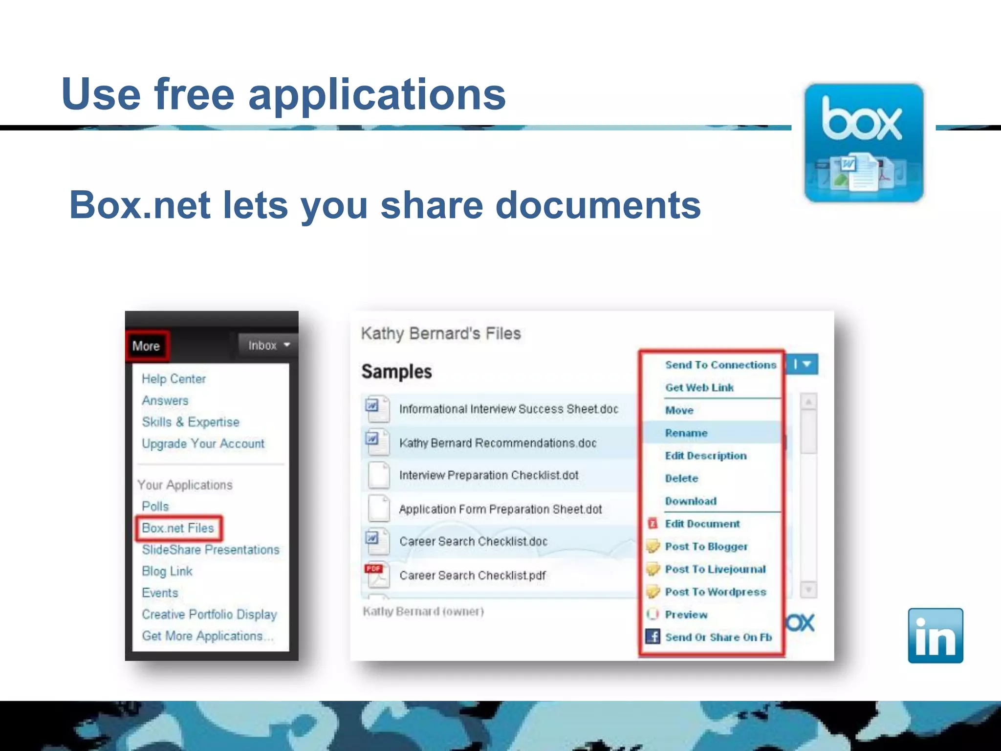 Use free applications

Box.net lets you share documents
 
