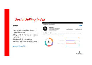 Social Selling Index
4 aree:
1.Costruzione del tuo brand
professionale
2.Capacità di trovare le persone
giuste
3.Capacità ...