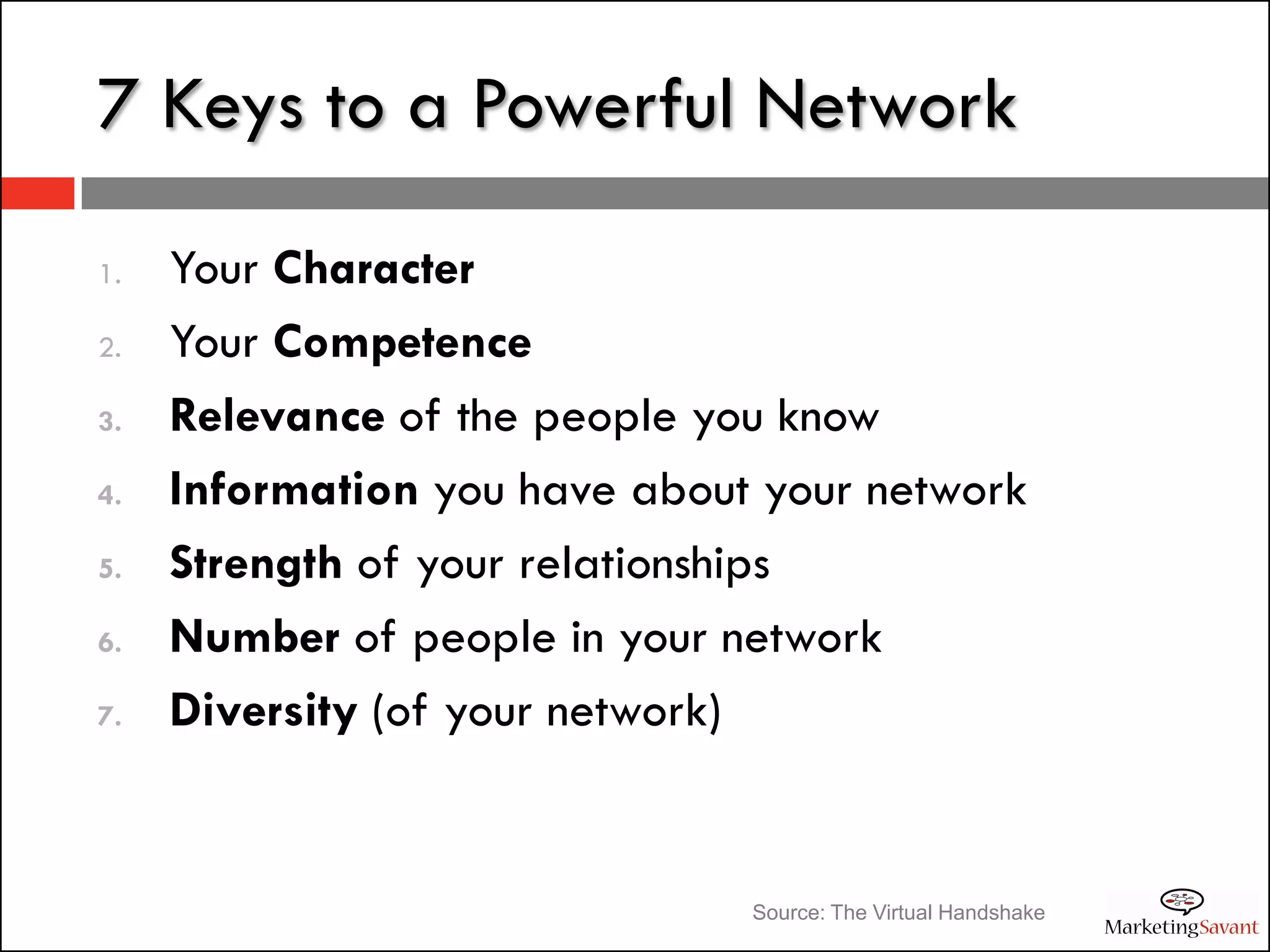 7 Keys to a Powerful Network

1.   Your Character
2.   Your Competence
3.   Relevance of the people you know
4.   Information you have about your network
5.   Strength of your relationships
6.   Number of people in your network
7.   Diversity (of your network)


                               Source: The Virtual Handshake
 